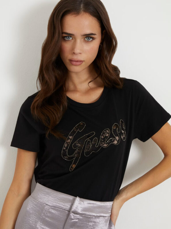 Guess Γυναικεία Κοντομάνικη Μπλούζα Με Λογότυπο Lace Logo (W4RI25K9RM1-JBLK)