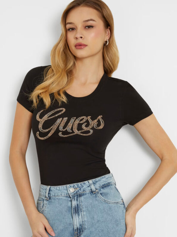 Guess Γυναικεία Κοντομάνικη Μπλούζα Με Στρας Λογότυπο Script (W4GI30J1314-JBLK)