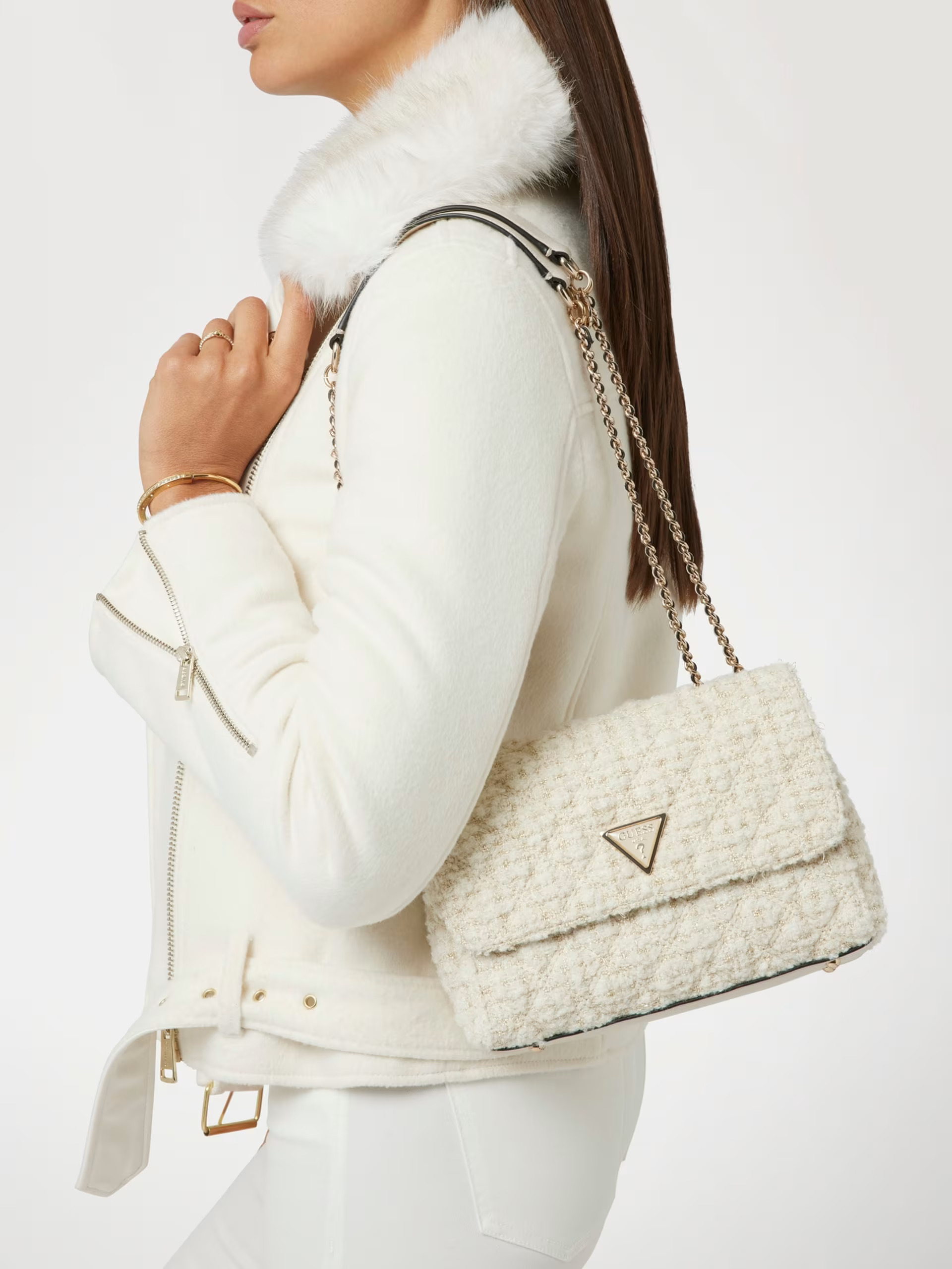 Guess Γυναικεία Τσάντα Ώμου Giully Tweed Sequins Convertible (HWAT8748200-IVO)