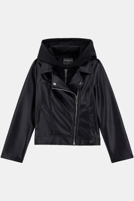 Guess Παιδικό Δερμάτινο Biker Jacket Με Κουκούλα Κορίτσι (J5YL01WAEI0-JBLK)