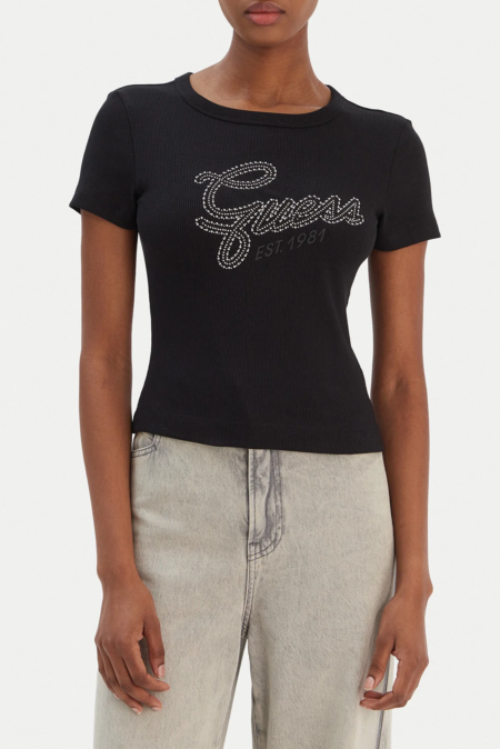 Guess Γυναικεία Μπλούζα Με Στρασάκια Λογότυπο Studs Script (W6RI22KA0H1-JBLK)
