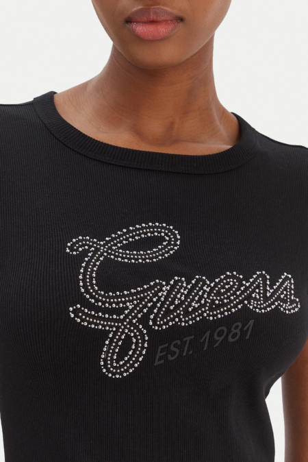 Guess Γυναικεία Μπλούζα Με Στρασάκια Λογότυπο Studs Script (W6RI22KA0H1-JBLK)