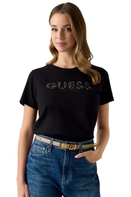 Guess Γυναικεία Κοντομάνικη Μπλούζα Studs Script (W6GI15K3035-JBLK