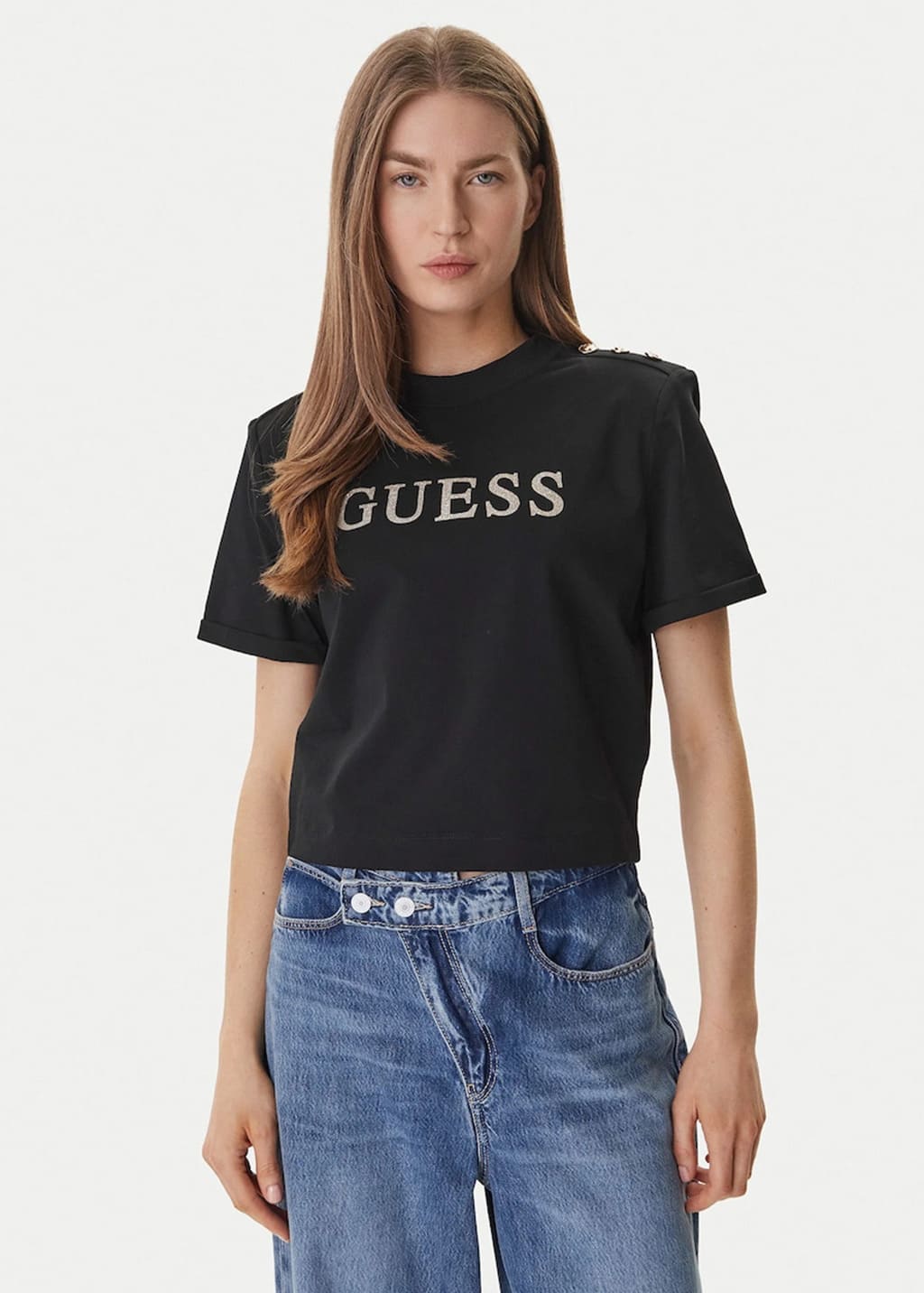 Guess Γυναικεία Μπλούζα Κοντομάνικη Crop Μαύρη Marina (W6GI06K3018-JBLK)